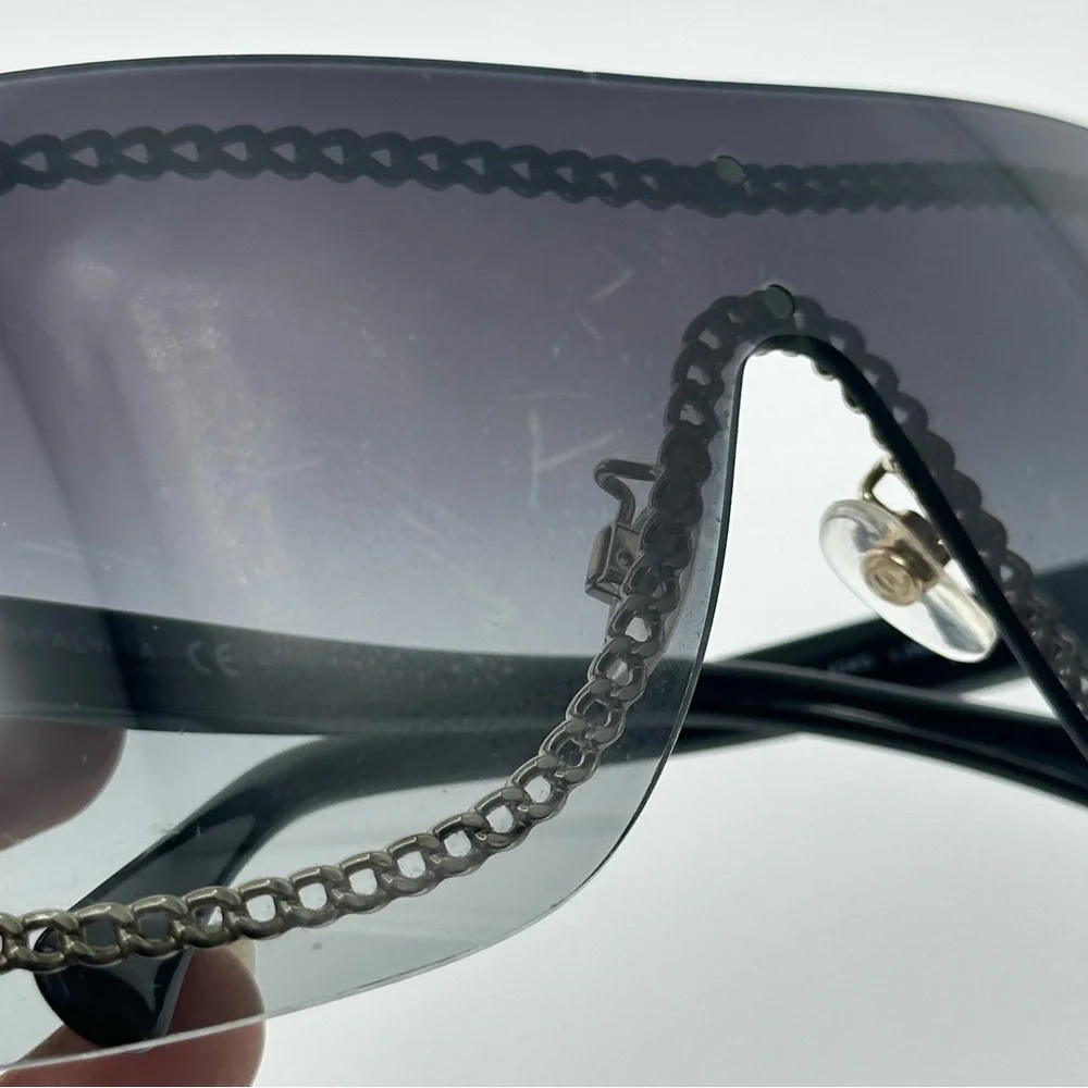 CHANEL Smoke Grey Black Sunglasses Gold Chain Detail Luxury Authentic Designer
